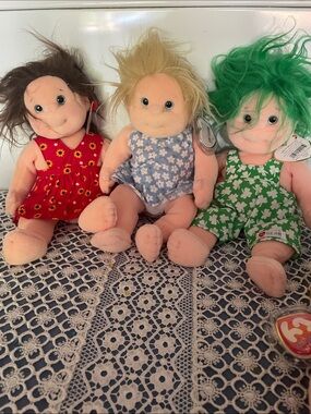 Ty Plush Trio — Red, Blue, and Green Dressed Baby Dolls